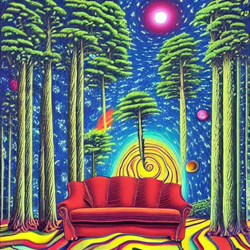 Prompt: psychedelic trippy swirl pine forest, planets, milky way, sofa, cartoon by rob gonsalves