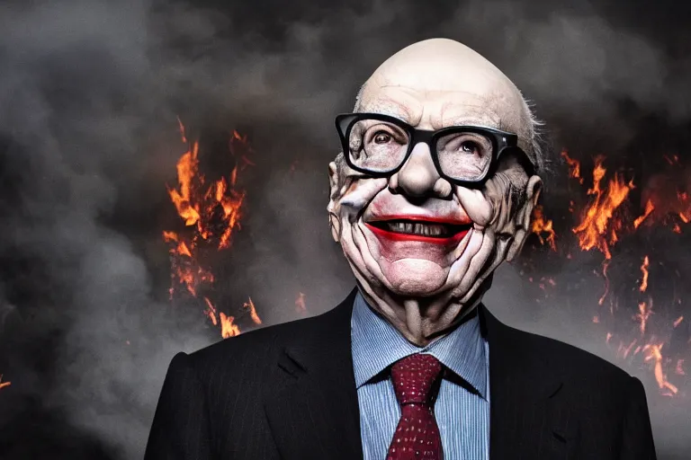 Prompt: Rupert Murdoch wearing glasses and makeup like The Joker, laughing, standing in hell surrounded by fire and flames and demons and smoke and brimstone, volumetric fog, portrait photography, depth of field, bokeh