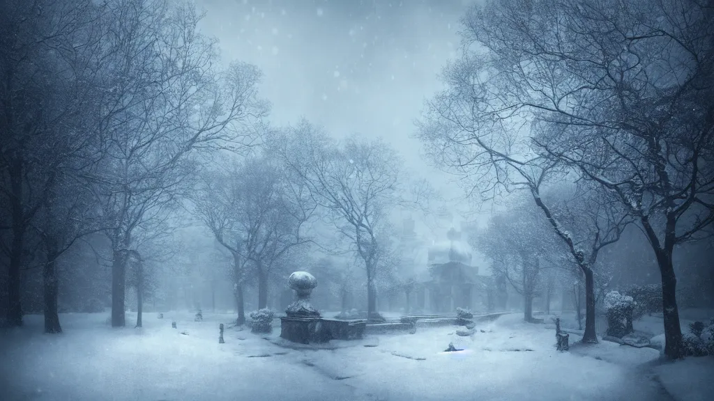 Prompt: the secret garden under heavy snow. andreas achenbach, artgerm, mikko lagerstedt, zack snyder, tokujin yoshioka