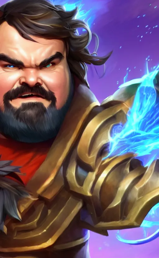 Image similar to Jack Black as a character in the game League of Legends, with a background based on the game League of Legends, detailed face, old 3d graphics