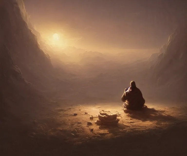 Image similar to lonely wanderer sitting at lap praying in desert, lit by the light of gods, abandoned by gods, hyperdetailed artstation cgsociety by greg rutkowski and by Gustave Dore