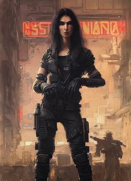 Image similar to Nikki. dangerous beautiful cyberpunk female USN marine wearing a military vest and military jumpsuit (cyberpunk 2077, bladerunner 2049). gorgeous face. Iranian orientalist portrait by john william waterhouse and Edwin Longsden Long and Theodore Ralli and Nasreddine Dinet, oil on canvas. Cinematic, hyper realism, realistic proportions, dramatic lighting, high detail 4k