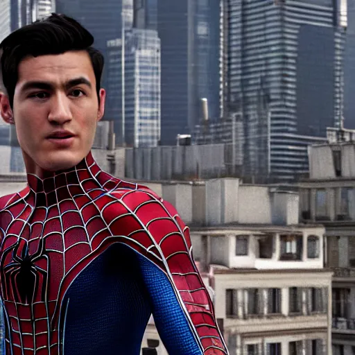 Image similar to a film portrait still of spiderman mile morales from paris, unrealengine 5. realism, cinematic lighting, highly detailed spider - man, 4 k. 8 mm. grainy. panavision.