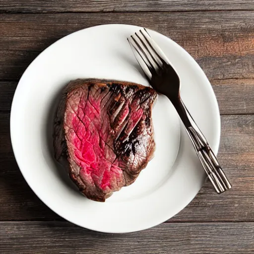 Prompt: a bowl of steak on a table 3 / 4 th view