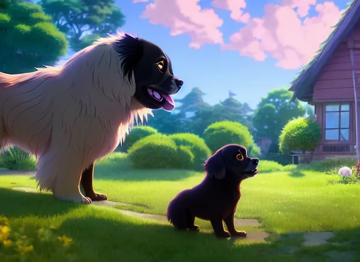 Image similar to a wholesome animation key shot of a black tibetan spaniel, suburban yard in the background, open window in the foreground, studio ghibli, pixar and disney animation, sharp, rendered in unreal engine 5, anime key art by greg rutkowski, bloom, dramatic lighting