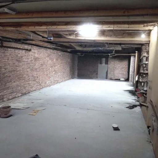 Prompt: empty dark basement, unfinished, craigslist photo