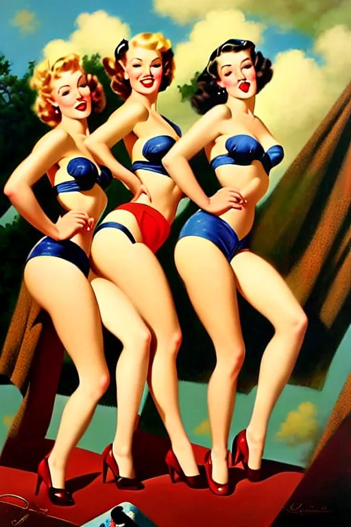 Image similar to 1940s group of pinup bikini girls, oil painting, by Gil Elvgren