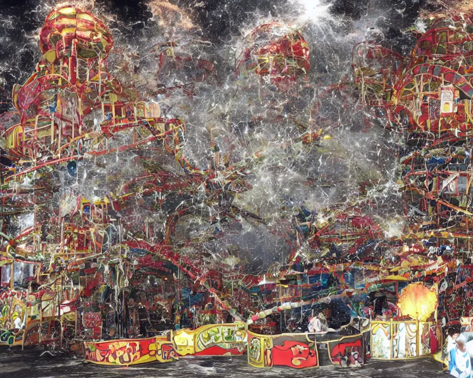 Prompt: footage of a funhouse exploding