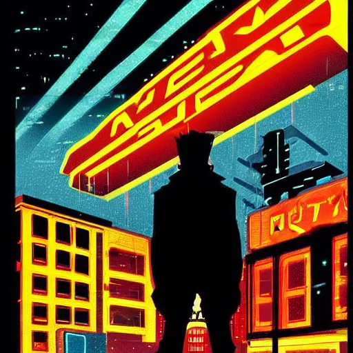 Image similar to rocket standing on a street in the middle of a cyberpunk city, neon signs, 1 9 7 0 s poster, psychedelic, minimalism, clouds, night time, dramatic lighting, flat design, flat colors, in the style of a soviet propaganda poster