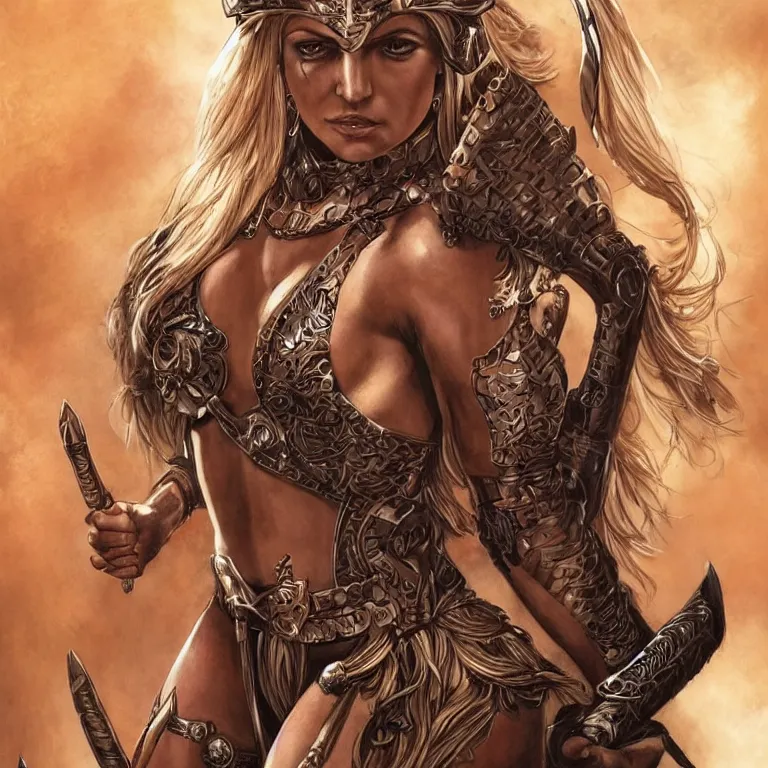 Image similar to a young britney spears as an amazon warrior, a tall beautiful woman with brown skin and long hair, dressed in hellenistic body armor, intricate, elegant, highly detailed, smooth, sharp focus, detailed face, art by ardian syaf