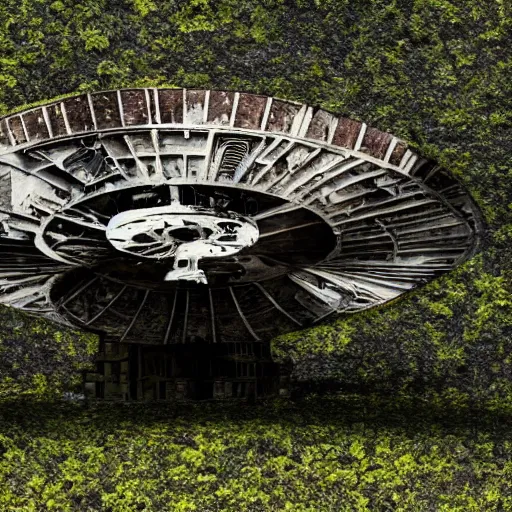 Prompt: overgrown desolate abandoned millenium falcon