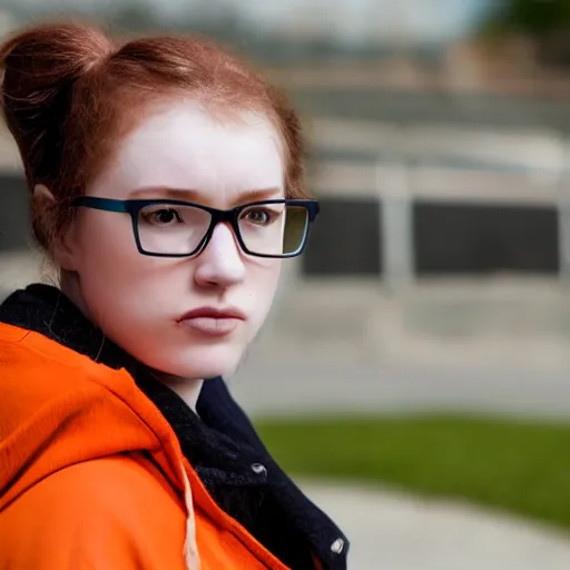 Prompt: hd, 8 k, hyperealistic, award winning photograph of a teenage girl with pale skin, orange ponytail, glasses, and a green hoodie.