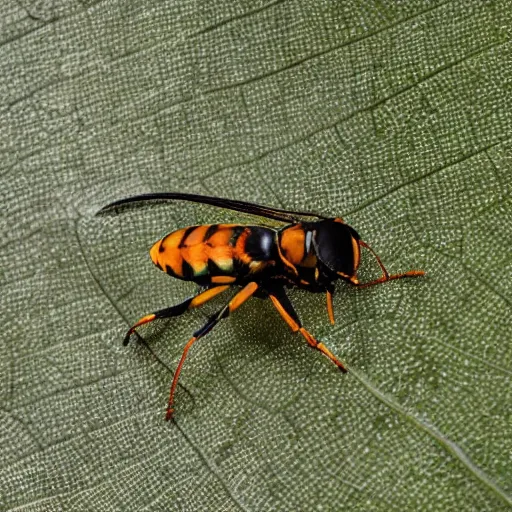 Prompt: a macro photograph of a wasp on a leaf, Nikon D810, Sigma 85mm ƒ/2.5, award-winning