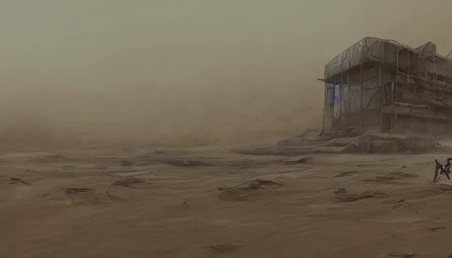 Image similar to Abandoned stadium under tons of sand during sandstorm in Mad Max, hyperdetailed, artstation, cgsociety, 8k