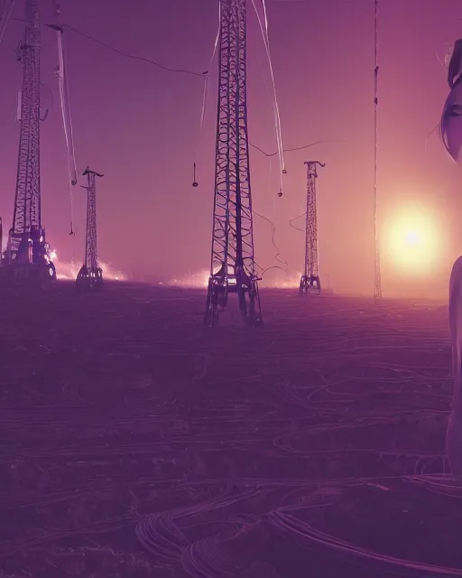 Image similar to a glowing female spirit of mother nature screams out in agony. drilling rigs bore into the earth in the background. wide shot, detailed, sharp, 8 k, award winning digital art by beeple.