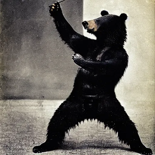 Image similar to “grizzly bear in full ninja outfit, 1900’s photo”