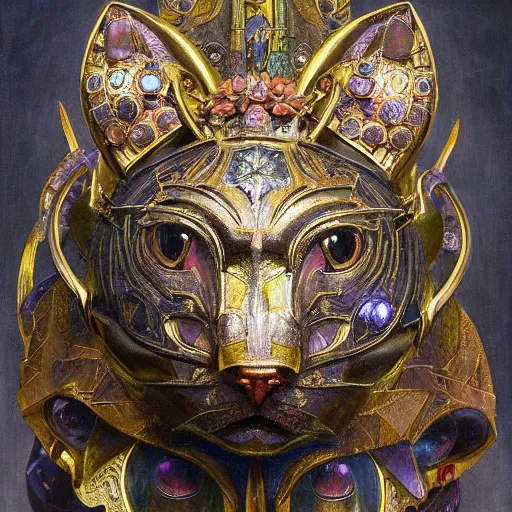 Image similar to masterpiece sculpture of an ornate bejeweled robot cat head, by annie swynnerton and diego rivera and nicholas roerich and jean delville, symbolist, dramatic lighting, god rays, elaborate geometric ornament, art brut, rich colors, smooth, sharp focus, extremely detailed, adolf wolfli and ( donato giancola )