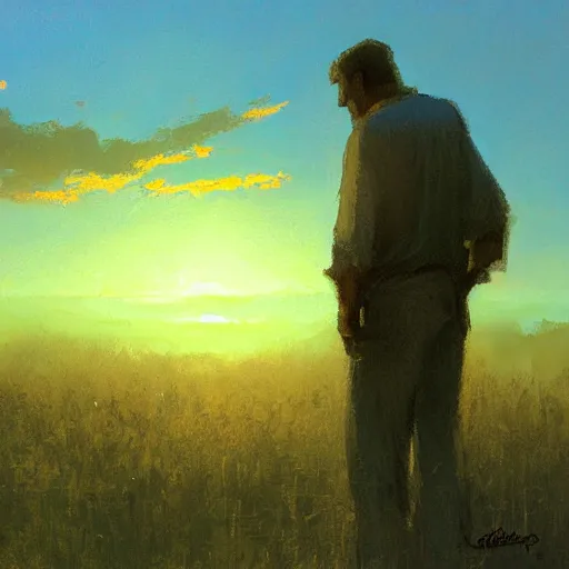 Image similar to a man watching a beautiful sunset, paint by Craig Mullins