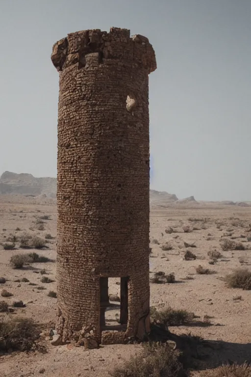 Image similar to an old roman lighthouse in the middle of the desert sitting on a rock, post apocalyptic
