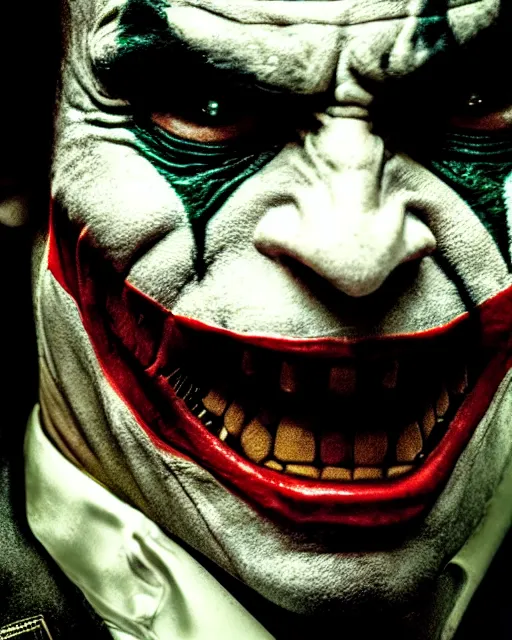 Prompt: Film still close-up shot of Dwayne Johnson as The Joker from the movie The Dark Knight. Photographic, photography