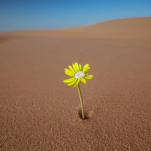 Prompt: a single small pretty desert flower blooms with a drop of moisture on a petal in the middle of a bleak arid empty desert, sand dunes, clear sky, low angle, dramatic, cinematic, tranquil, alive, life.