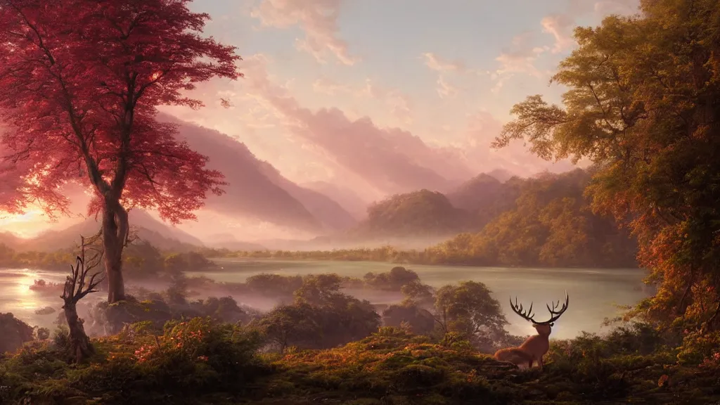 Image similar to the most beautiful panoramic landscape, oil painting, where a giant dreamy waterfall creates a river, the trees around are starting to bloom in pink color, a majestic deer is drinking water from the river and a ray light of the sunset is brightening him, by greg rutkowski