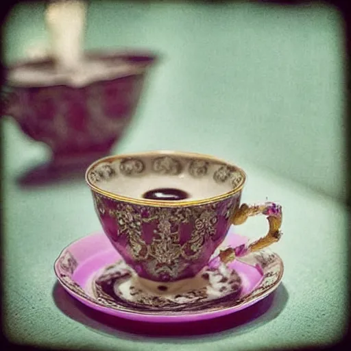 Prompt: “A castle inside of a teacup. A Queen is taking a sip from the teacup.”