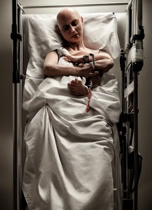 Image similar to an award winning photo of a bald 4 5 year old woman hospital patient laying in a hospital bed, wearing a hospital gown, with an iv drip, hopeful. marketing photo by charlie waite, max rive, caroline foster.