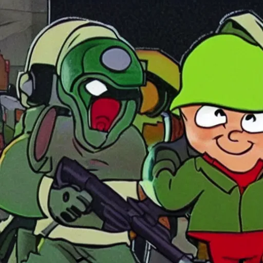 Image similar to Elmer Fudd from Loony Tunes in Doom, wearing green armor and helmet, killing demons, rip and tear, video game