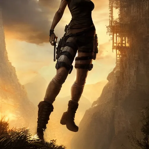 Image similar to lara croft, posing heroically, heavenly, full body close-up shot, elegant, realistic character concept, high fantasy, light atmosphere, golden ratio, cinematic lighting, hyperdetailed, high resolution, insanely detailed and intricate, artstation, Marc Simonetti, Greg Rutkowski, octane render, 8k