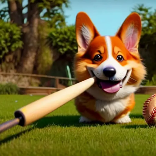 Image similar to weta disney pixar movie still photo of funny corgi with baseball bat : : dog by pixar : : by weta, greg rutkowski, wlop, ilya kuvshinov, rossdraws, artgerm, octane render, iridescent, bright morning, anime, liosh, mucha : :