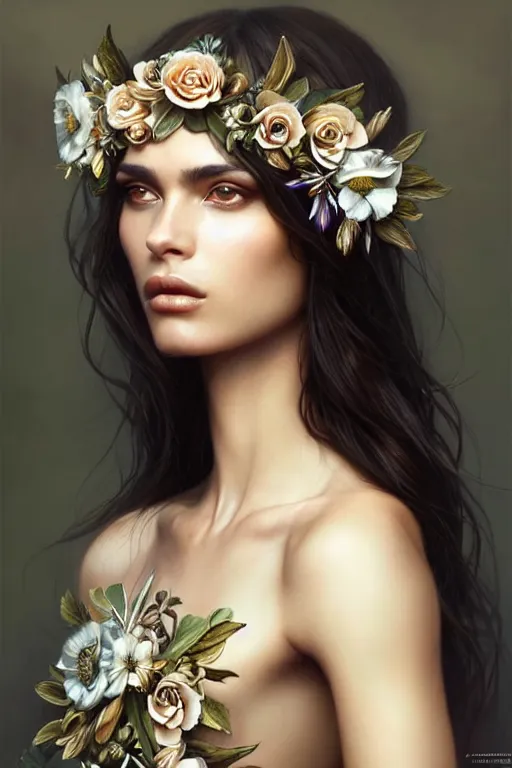 Prompt: portrait of a Brazilan Supermodel wearing a floral crown, olive skin, long dark hair, beautiful bone structure, art deco, fantasy, intricate flower designs, elegant, highly detailed, sharp focus, art by Artgerm and Greg Rutkowski and WLOP