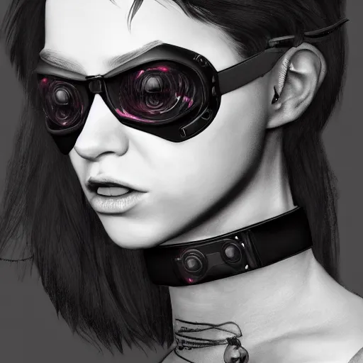 Image similar to realistic female character cyberpunk wearing technological collar around neck, realistic, art, beautiful, 4K, collar, choker, collar around neck, punk, artstation, detailed, female, woman, choker, dark, collar, choker,