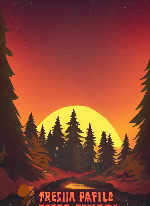 Image similar to Russian bootleg gravity falls poster, dramatic theming, mood lighting, unfortunate, hand painted cartoon art style, brutal, autumn, golden sunset, nostalgia, scenic, with text, 8k, award winning