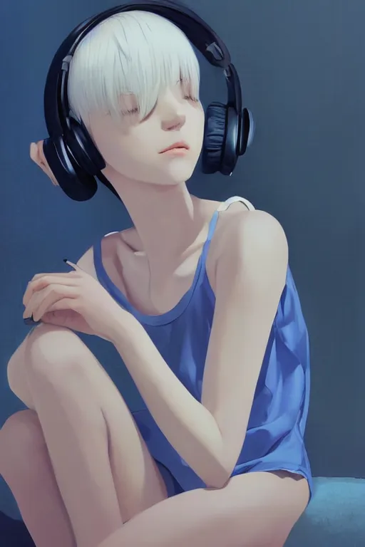 Prompt: a cute young woman sitting on a couch while listening to music with her eyes closed and wearing headphones by Ilya Kuvshinov and Range Murata, white bob cut hair, blue filter, blue and white, soft lighting, atmospheric, cinematic atmosphere, moody, detailed digital painting, 8k