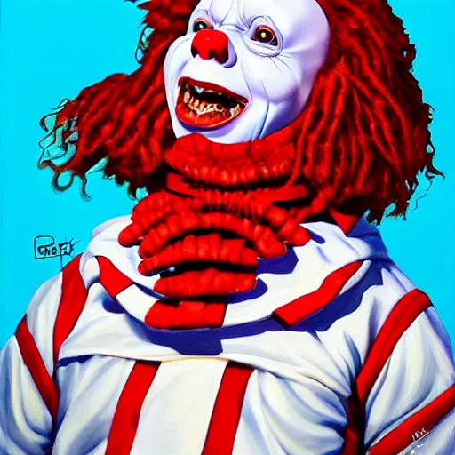 Prompt: portrait painting of trippie redd dressed as pennywise by greg hildebrandt