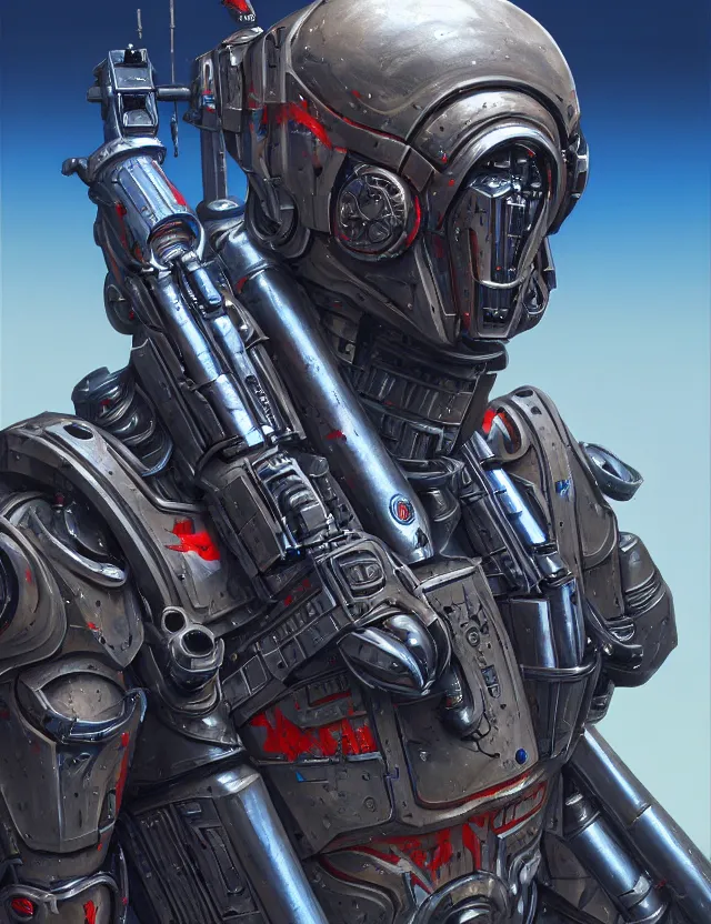 Image similar to a portrait of a tactical exoskeleton with miniguns painted in the pepsi logo, by moebius and tyler edlin and hr giger, trending on artstation, digital art, 4 k resolution, detailed, high quality, sharp focus, hq artwork, coherent, insane detail, concept art