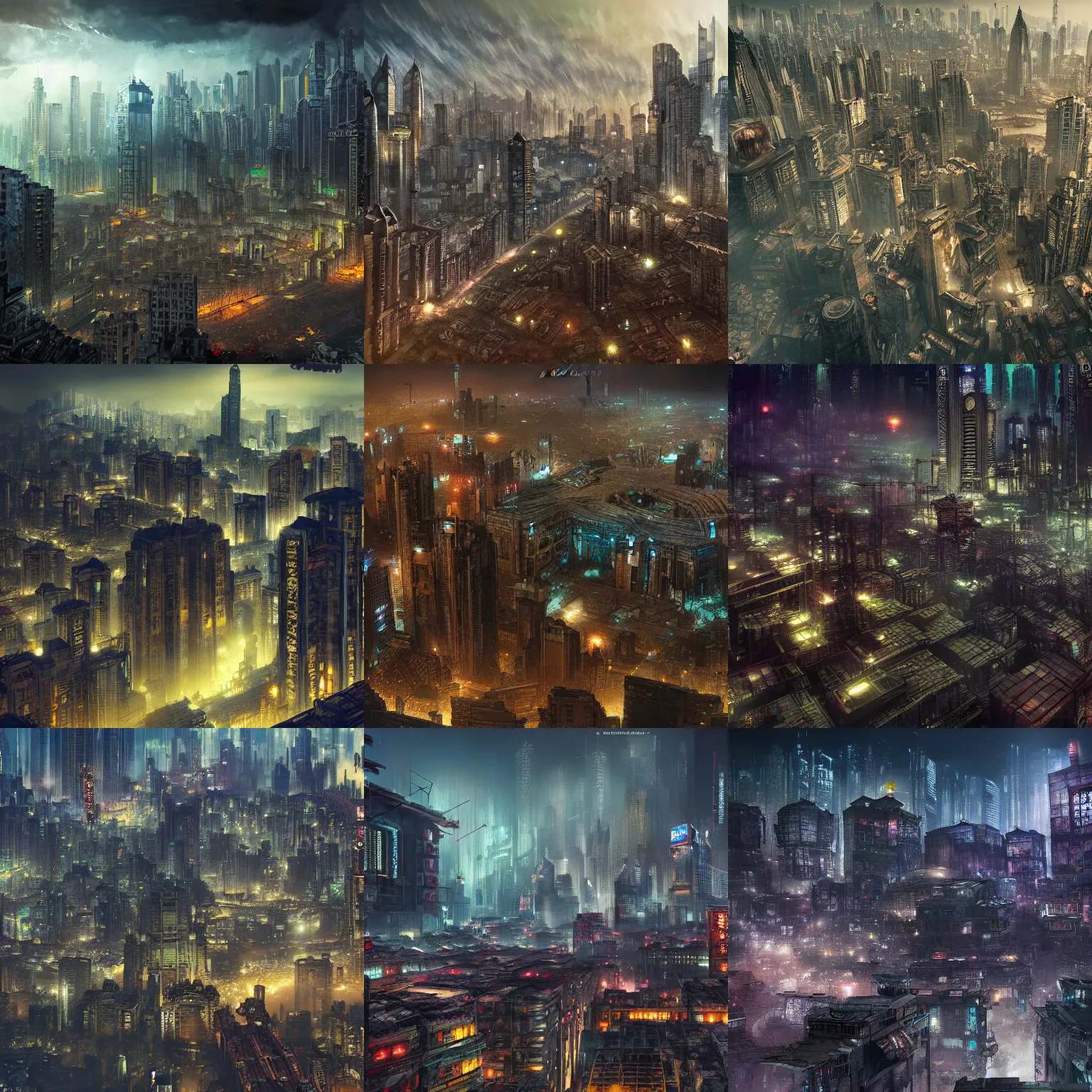 Prompt: megacity, hive city, kowloon walled city, futuristic, dystopia, night time, cinematic lighting, matte painting, in style of Fenghua Zhong