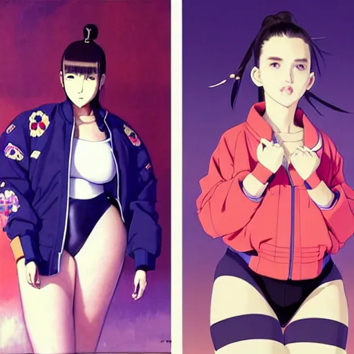 Image similar to a beautiful plus sized model japanese natalie portman, alluring, wearing oversized mayan bomber jacket and leotard with overalls, bulky poofy bomber jacket with mayan patterns, aztec street fashion, gapmoe yandere grimdark, trending on pixiv fanbox, painted by greg rutkowski makoto shinkai takashi takeuchi studio ghibli, akihiko yoshida