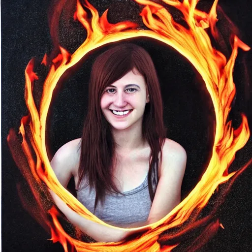 Prompt: a choppy red haired brown eyed teenage girl surrounded by rings of flames and wisps of fire smiling maliciously. By Laurel D Austin-n 4