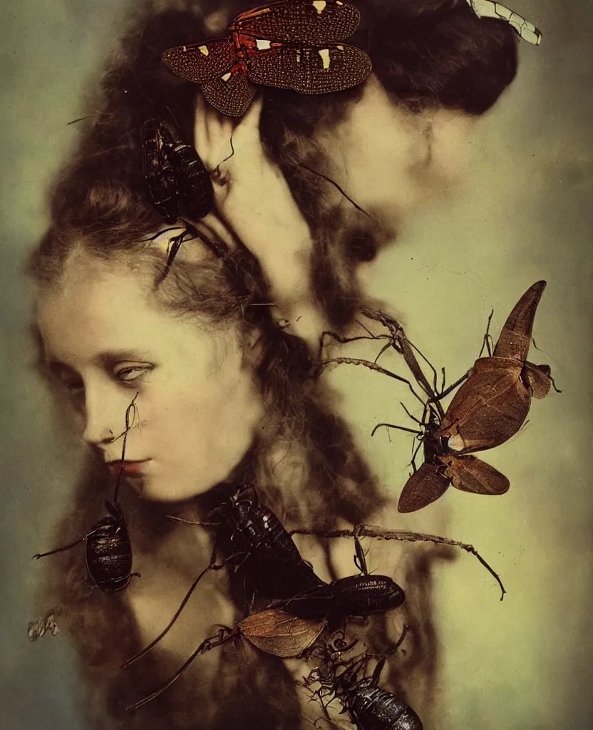 Prompt: autochrome, vintage glass plate photograph, head and shoulders portrait of a beautiful woman with a large moth sitting on her face, large caterpillars and big beetles crawl over her body, long flowing hair, beautifully disturbing, gothic, by Nina Masic by Flora Borsi