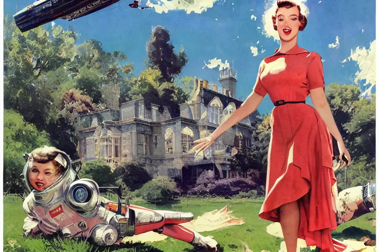 Prompt: 5 0 s pulp scifi illustration, space girl on expansive lawn of distant english stately home, by norman rockwell, morgan weistling, john berkey, earle bergey, craig mullins, ruan jia, chris foss, jeremy mann, tom lovell, tyler edlin, wadim kashin