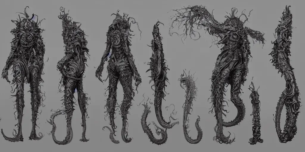 Image similar to lovecraftian god, character sheet, concept design, contrast, hot toys, kim jung gi, greg rutkowski, zabrocki, karlkka, jayison devadas, trending on artstation, 8 k, ultra wide angle, pincushion lens effect