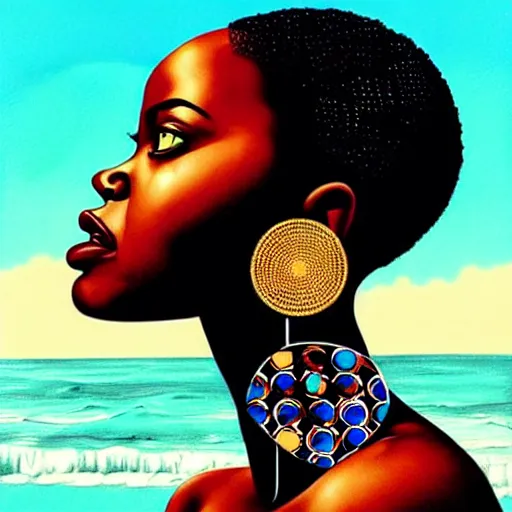 Image similar to portrait of african woman :: side profile :: in ocean :: clockwork details :: gold :: blood and horror :: by marvel and Sandra Chevrier