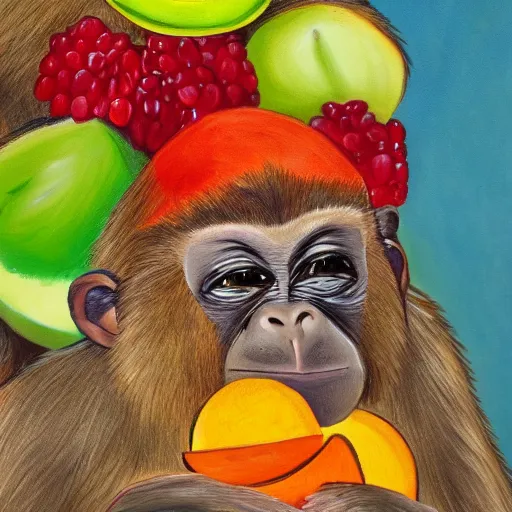 Prompt: a painting of a plate full of fruits on top of a monkey's head