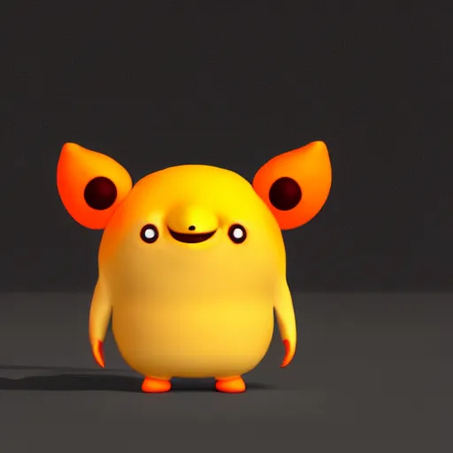 Prompt: final render made with blender of a cute yellow and orange kawaii demon with slow eyes and little fangs standing on a beach, by pixar and studio ghibli