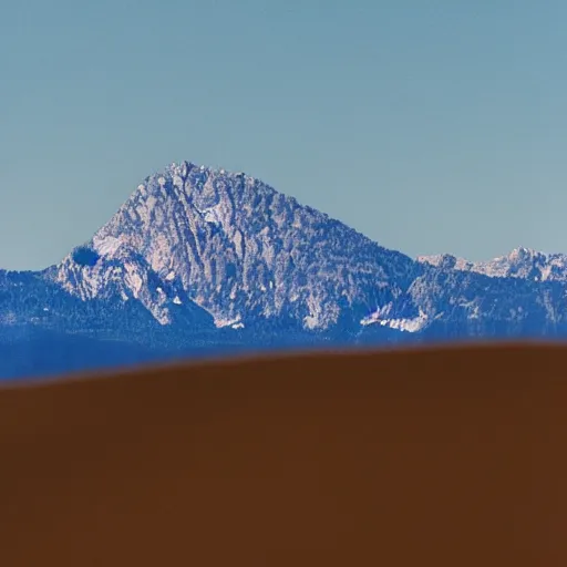 Image similar to a realistic, detailed telephoto photograph of a distant mountain shaped like an ice cream cone