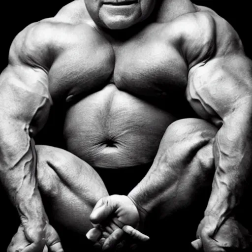 Image similar to a photoshoot of an extremely buff danny devito flexing his muscles, dramatic, studio lighting, black and white