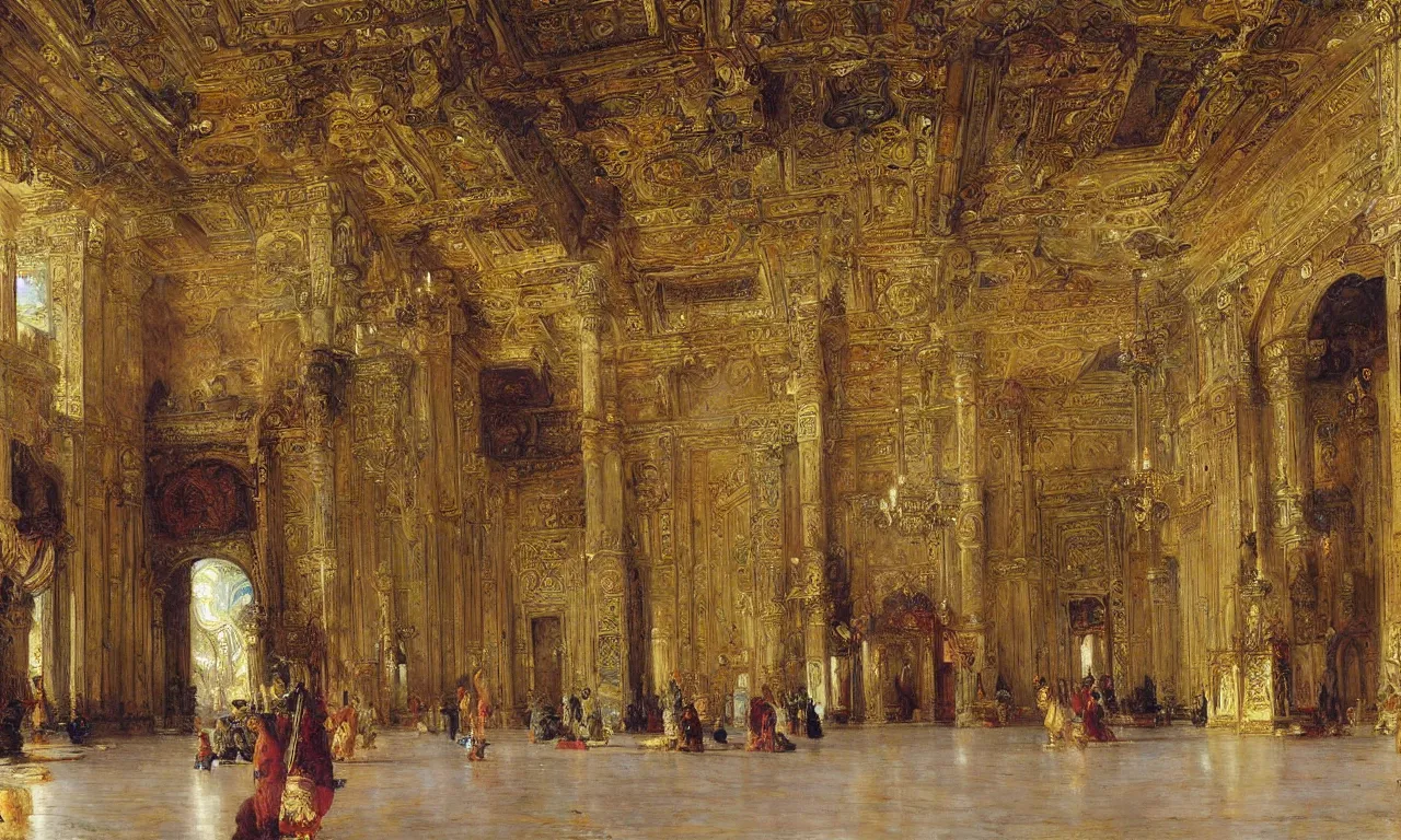 Prompt: Grand Interior of the Sultan's Opulent Palace, art by Frederick Arthur Bridgman