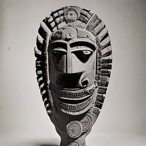 Image similar to photo portrait of precolumbian aztec astronaut helmet with fine detail engravings and runes cultist lord rich baron by Diane Arbus and Louis Daguerre